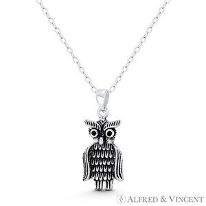 Perched Owl Bird Animal Charm & Black CZ Crystal in Oxidized 925 Sterling Silver